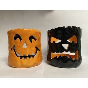 Lot of 2 Halloween Jack-O-Lantern Tea Candle Votive Holder Home Decor Seasonal